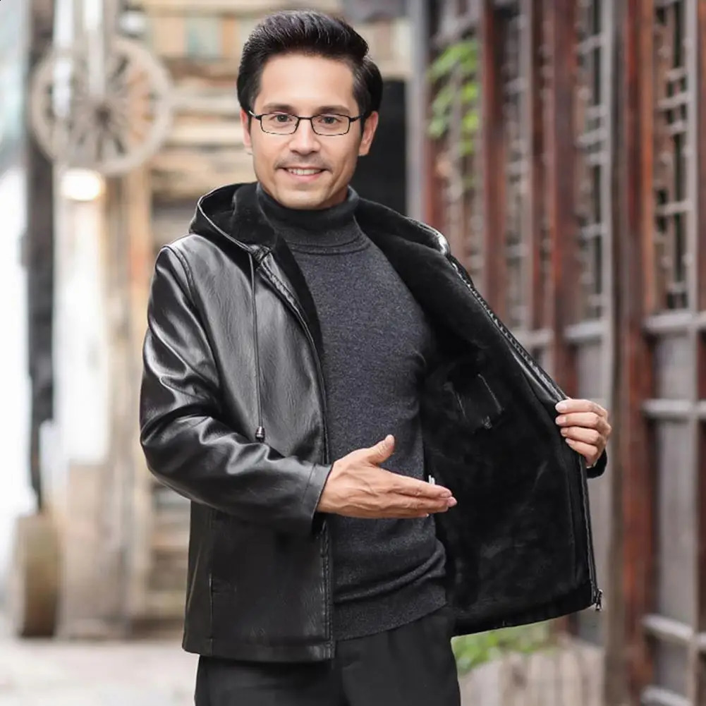 Hooded Faux Leather Jacket Men with Velvet Lining Stylish Mens for Winter 241202
