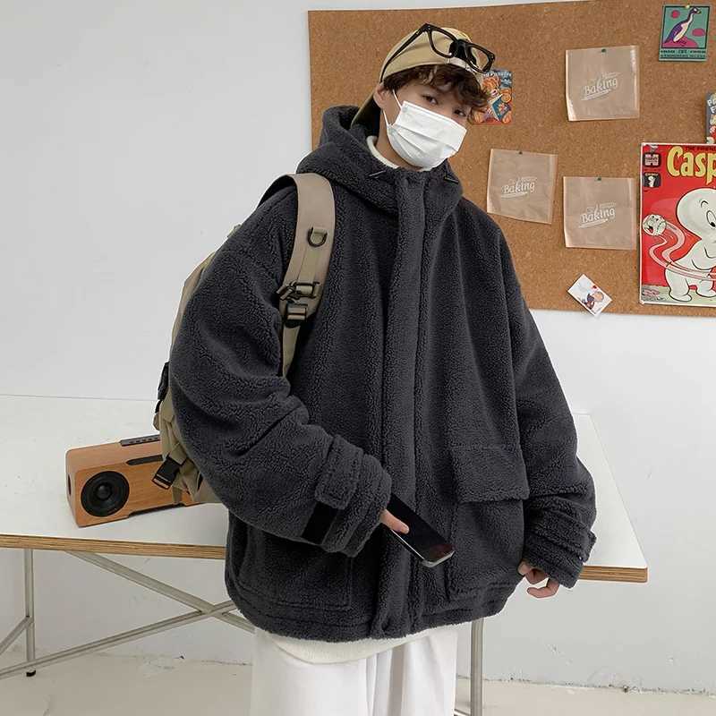 2023 Men Winter Lamb Wool Jacket Men Plus Velvet Streetwear Fashion Loose Handsome Coat Unisex HipHop Hooded Plush Padded JacketXJ241206