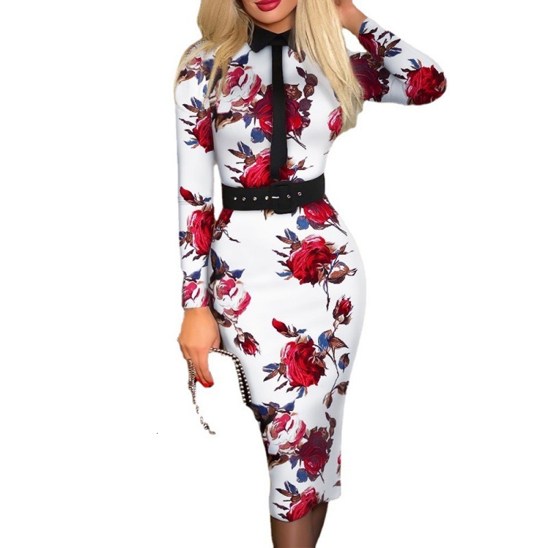 independent site popular fashion women's printed dress with belt for women