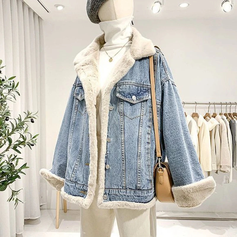 Autumn and winter pure cotton retro style doublesided wearable large fur collar womens denim jacket loose soft 241206