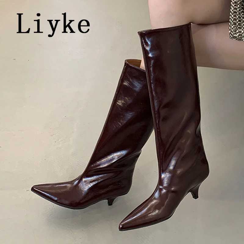 High Quality Liyke Winter Street Style Cosy Pointed Toe Wan Knee High Boots Slip Low Thin H Shoes Fem Lg Boots Zapatos MUJI T241206