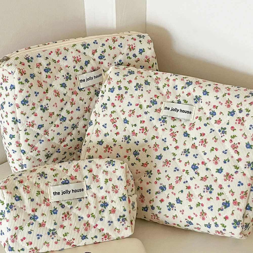 Fi Vintage Flower Women Makeup Bag Cott Tote Portable Female Cosmetic Storage Handbag Travel Organizer Zipper Quilted BagXJ241206