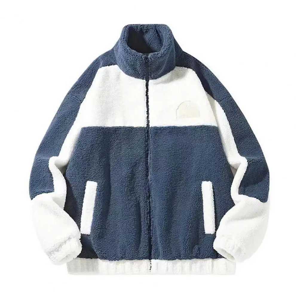 Autumn Winter Men Coat Imitation Cashmere Pocket Jacket Trend Patchwork Loose Plush Jacket Cotton paddedHigh Street PunkXJ241206