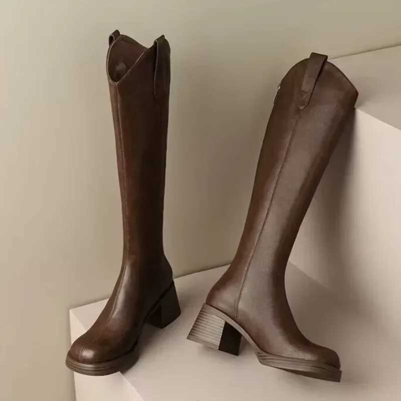 High Quality Brown knee long cycling boots for women round soft leather thick heels high heels T241206