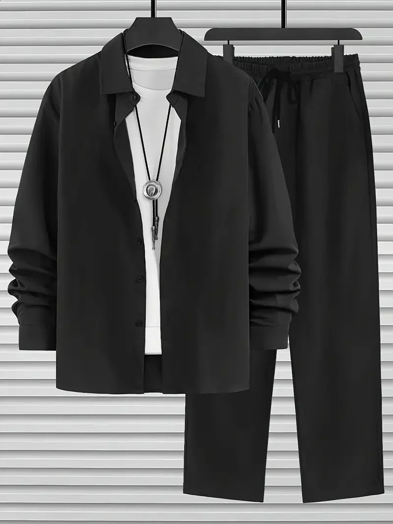 Spring And Autumn Men Solid Color 3D Printed Long Sleeve Shirt Pants 2 Sets Fashion Casual Business Every Day Button Set 241205