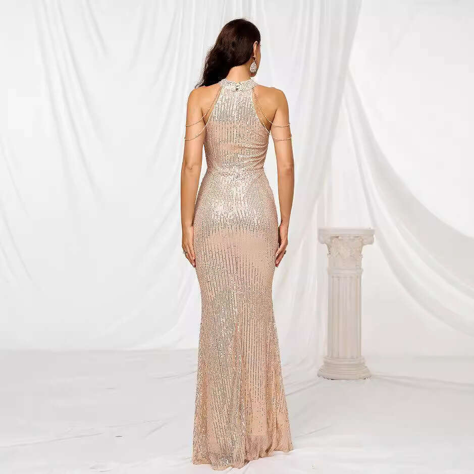 Autumn Product Fashionable Hanging Neck Sexy Crystal Chain Hip Wrapping Glitter European American Mid Waist Evening Dress 2024 New Style Unique and El