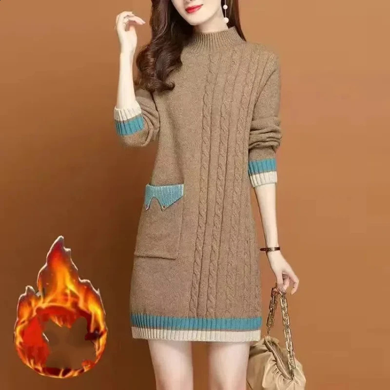 Womens Autumn Winter Thick Midlength Korean Commute Loose Half High Collar Patchwork Pocket Button Knitted Sweater Dresses 241205
