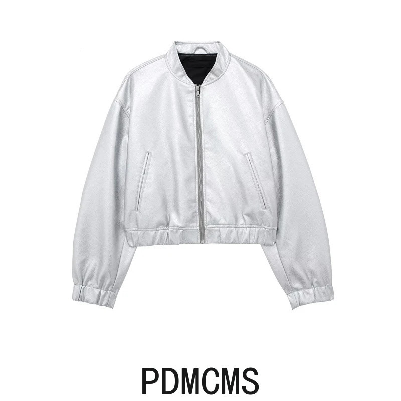 ZR European and American style womens faux leather metal bomber jacket denim 241206