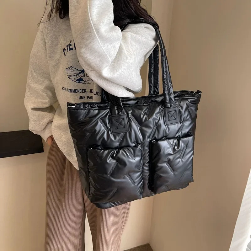 Bags Handbags Padded Bags Tote Women Shoulder Bag Ladies Hand Bags Large Capacity Glossy Quilted Cotton Bag 241206