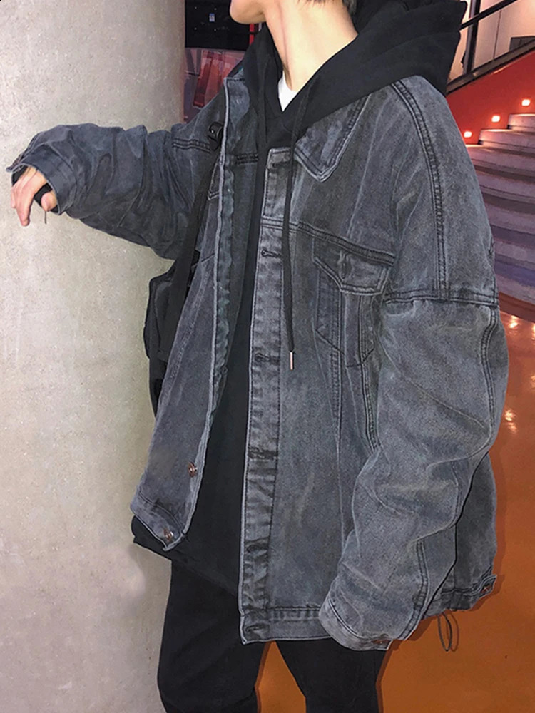Gmiixder Black Denim Jacket Mens Autumn Handsome Street Retro Large Pocket Tool Jacket Hong Kong Style Oversized Jeans Top 241205