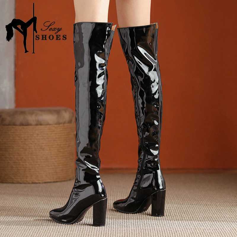 High Quality Sexy knee high PU leather warm boots flat zipper square high heels high heels womens shoes autumn and winter thick boots T241206