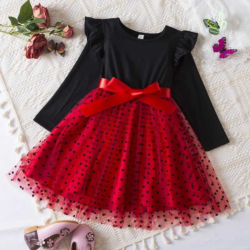 Kids Girls Red Christmas Dress New Sequin Birthday Princess Dress Bow Long Sleeve Mesh Casual Dress Children Autumn Clothes 3-8YXJ241206