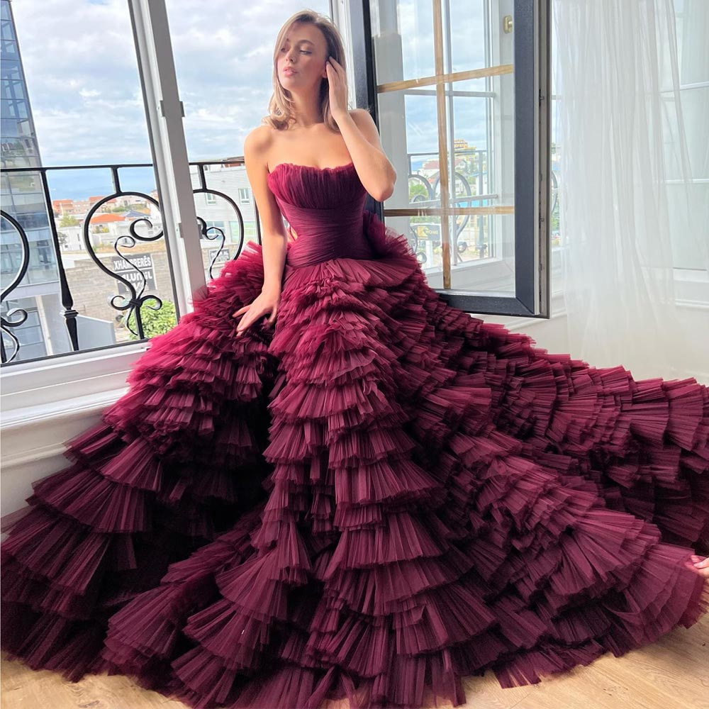 Red Dark Tiered Prom Dresses Pleated Evening Gowns A E Strapless Necke Tulle Special Ocn Formal Wear