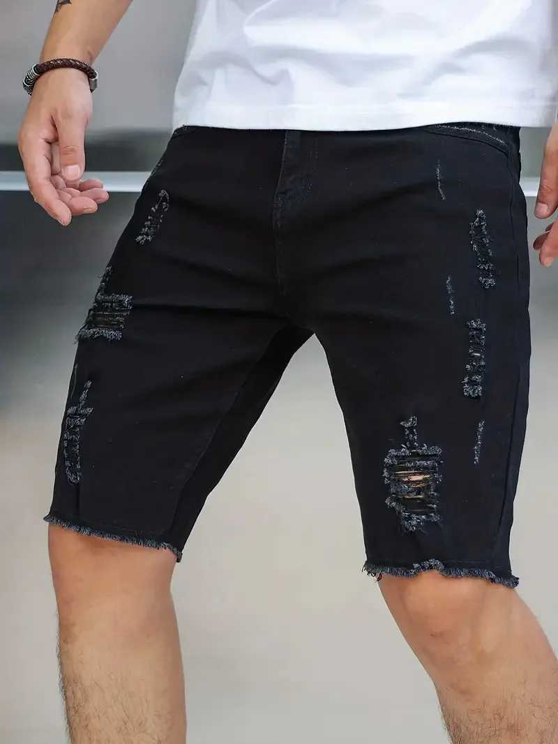 Summer Mens Holes Slim Fit Five Point Denim Shorts Elastic Waist Fashion Baggy Straight Cargo Shorts JeansXJ241206