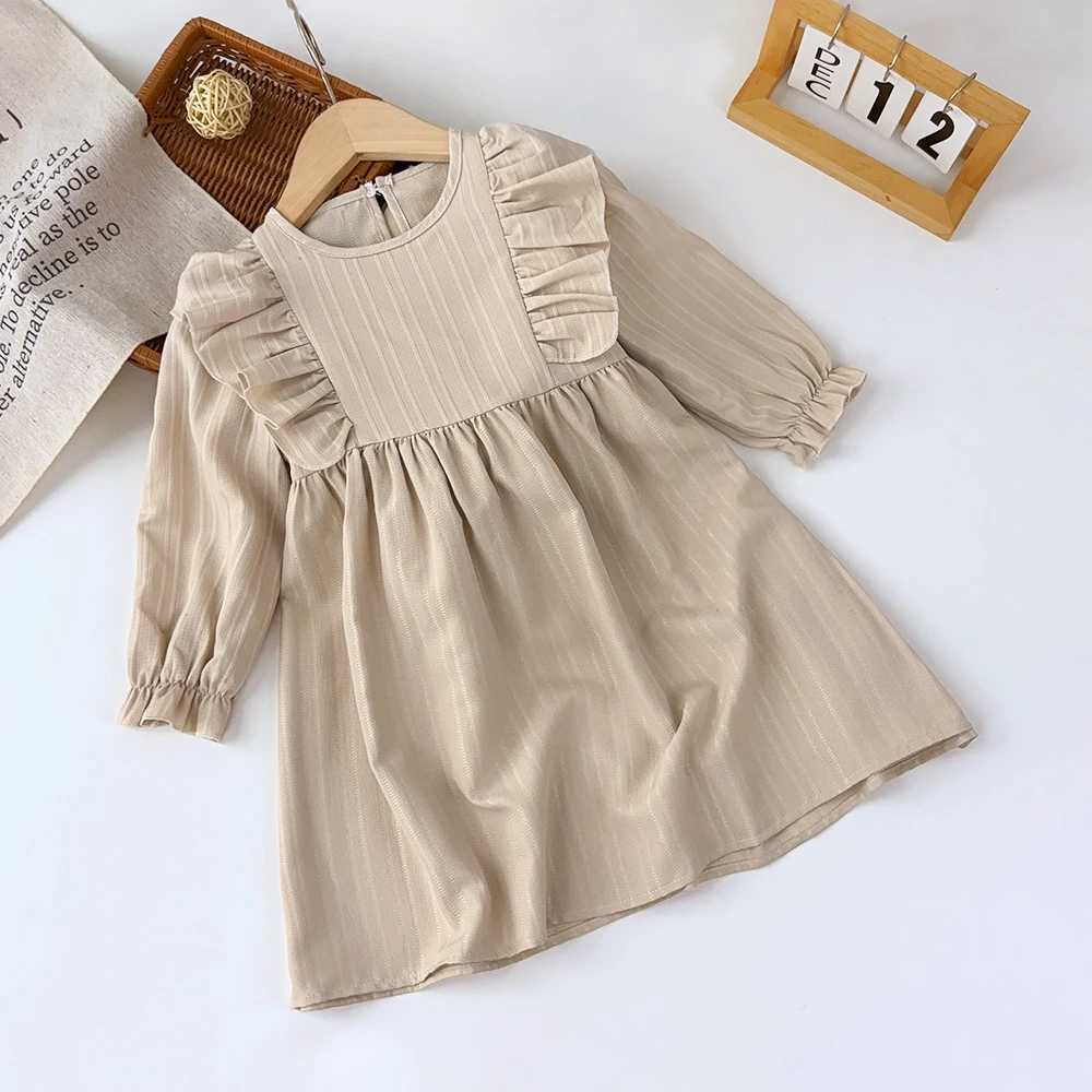 Autumn Kids Dresses for Girls Round Neck Long Sleeved Pleated Edge Solid Color Dress Kids Clothes Childrens Daily Casual WearXJ241206