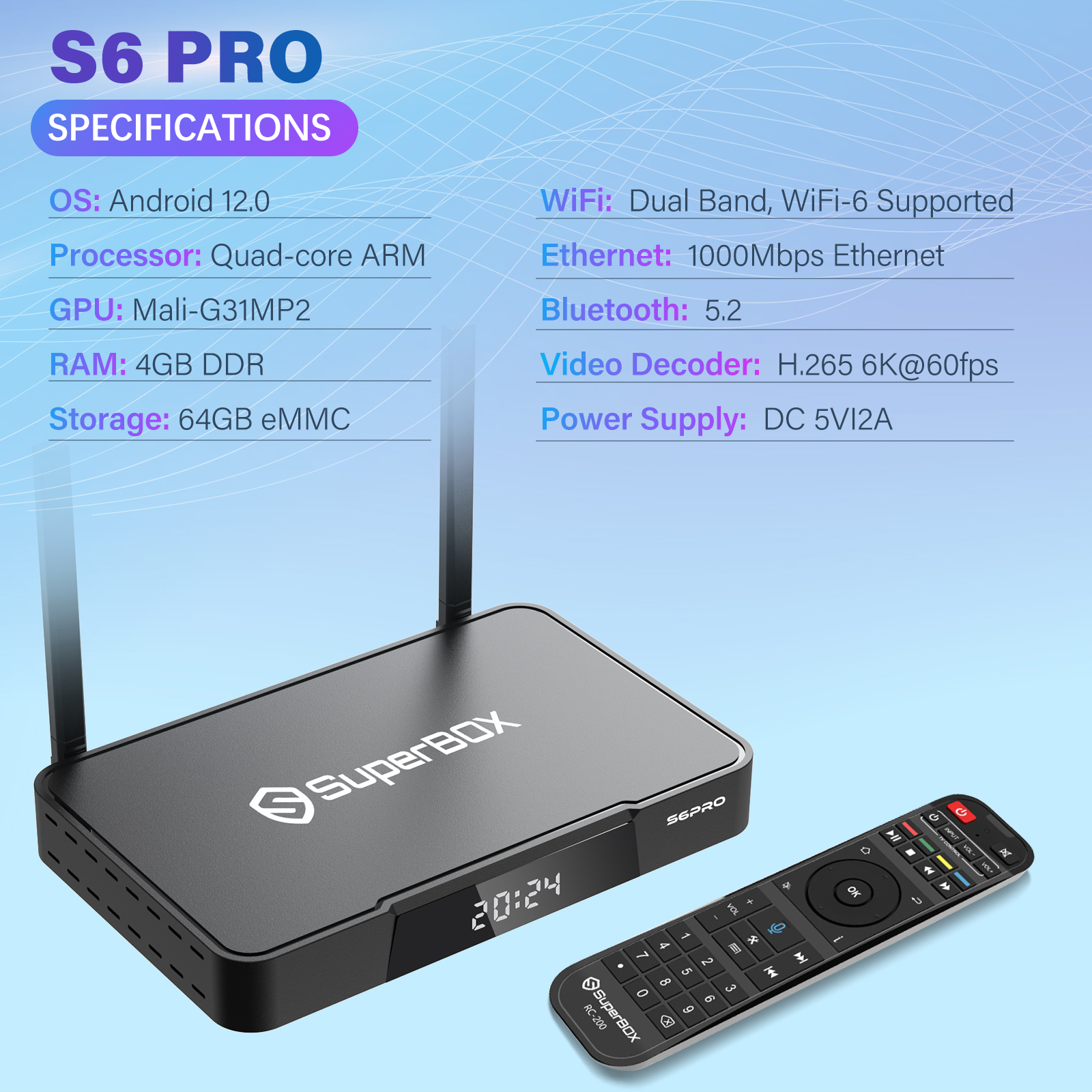 SUPERBOX S6 PRO - 2024 Model Smart TV Box with 4GB RAM + 32GB Storage, Voice-Activated Remote & 6K HDMI Output for Easy Set Up Parental Control Featur