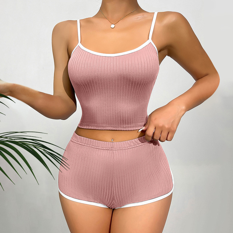 B474-Spring and summer women's loose V-neck satin sling suit personality contrast color comfortable home clothes Korean version of pajamas chest 