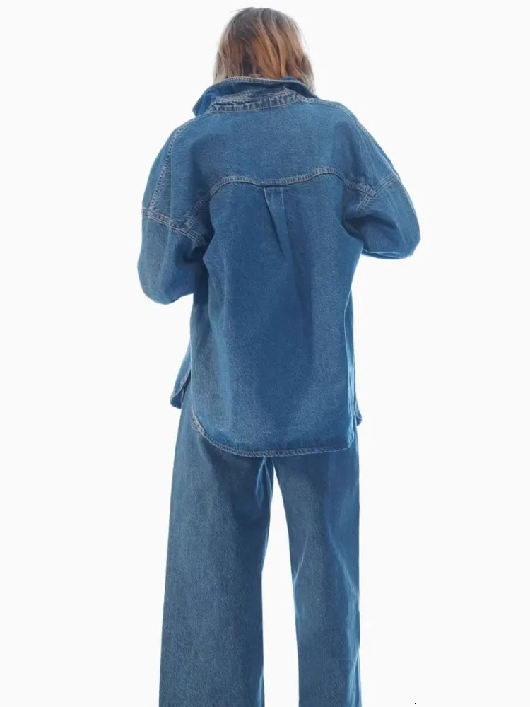 Blue loose denim shirt n with patch pockets set vintage washed casual lapel short jacket 241206