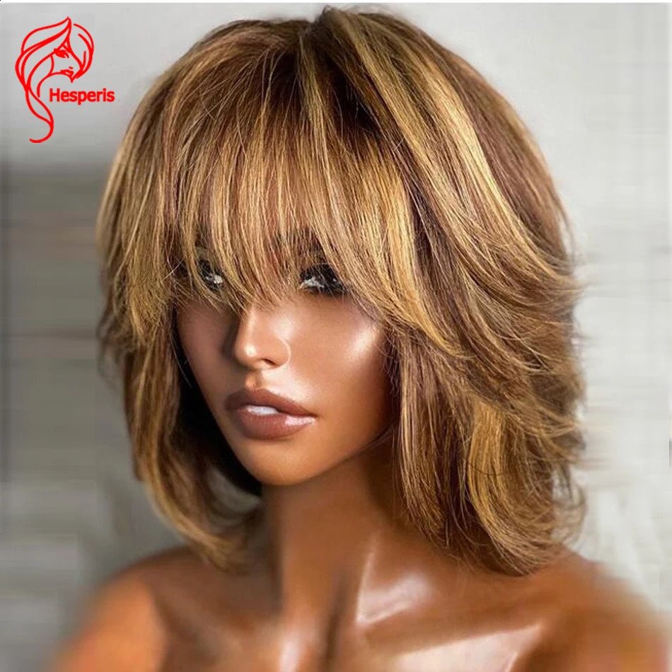 Hesperids Honey Blonde Highlight Full Machine Wig Human Hair Brazilian Remy Short Bob Scissors Wig Strap Hairband Hairpin Scalp Top Ombre 241206