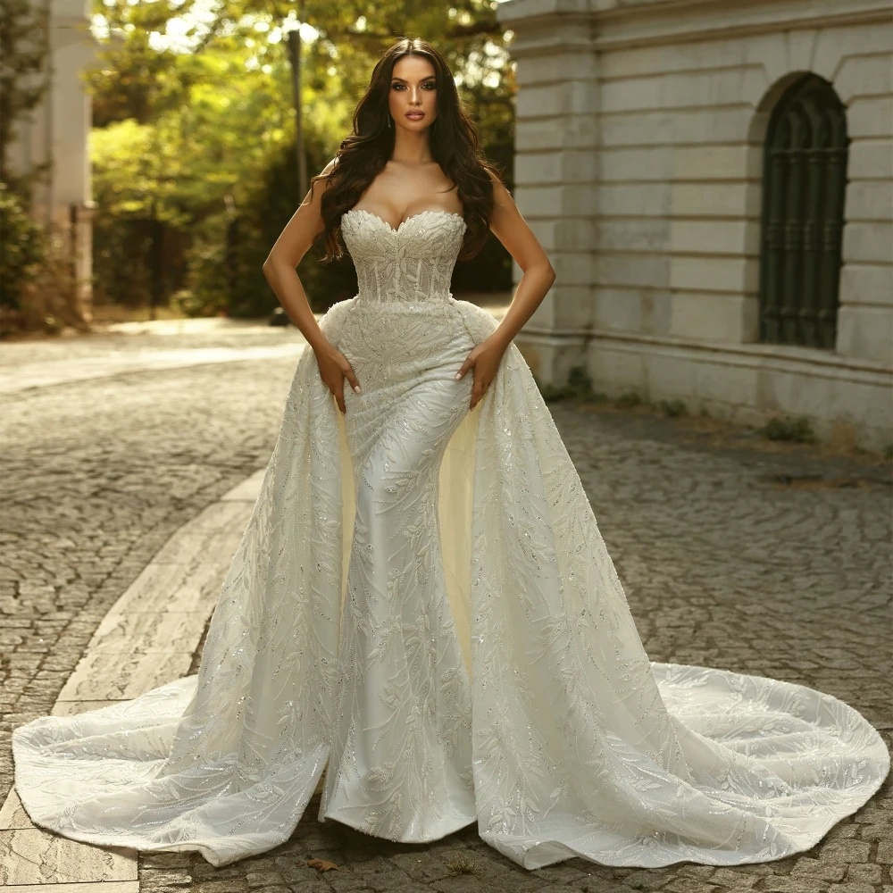Romantic Sweetheart Neck Bridal Dress Sparkly Beads Sequins Wedding Gown Mermaid Detachable Train Long Bride Robe Vestido De Novia