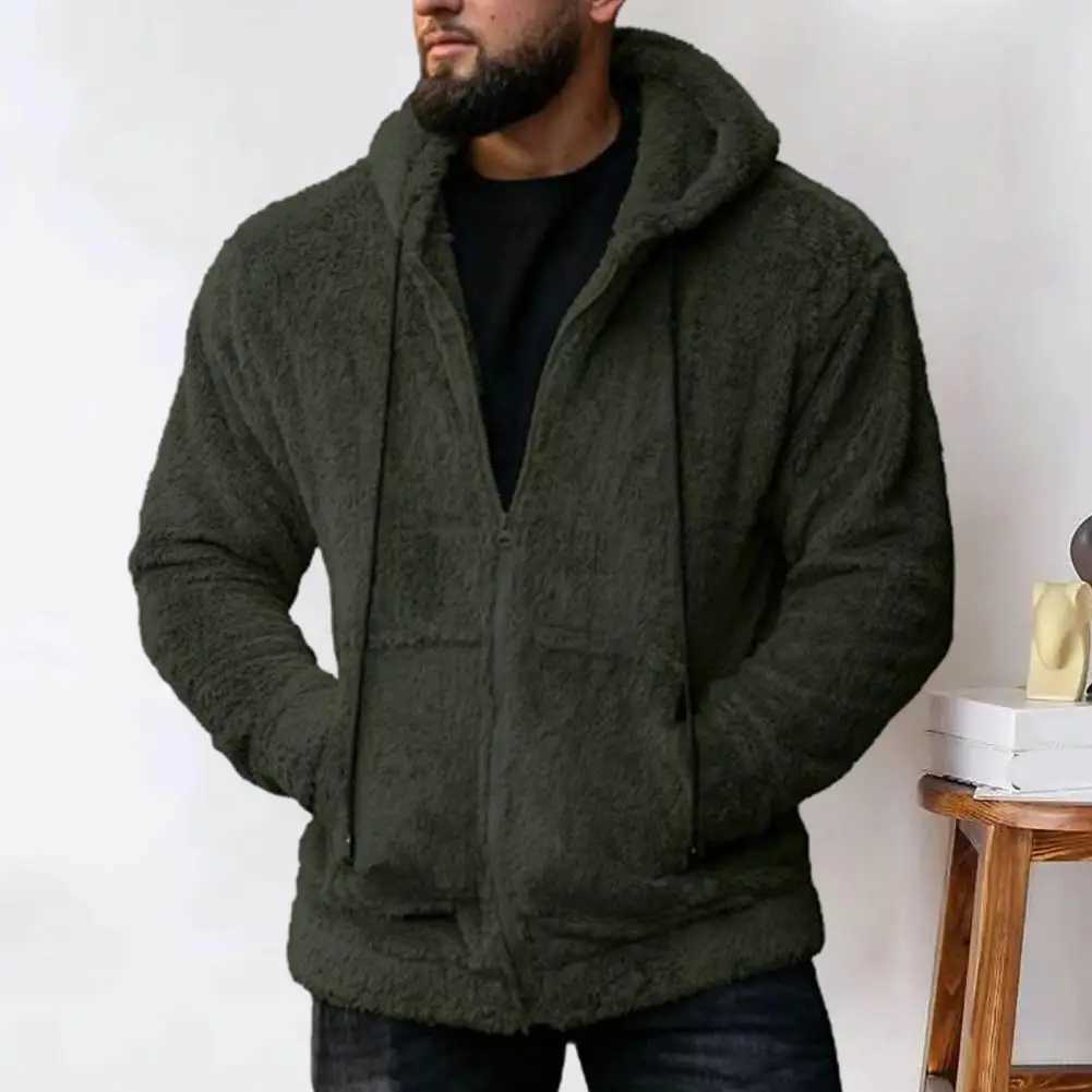 Men Plush Coat Stylish Mens Winter Coat Hooded Plush Casual with Zipper Closure Pockets Zipper Men CoatXJ241206