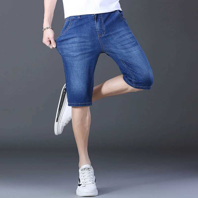 2024 Mens Casual Knee Length Denim Shorts Elastic Straight Brand Cotton Jeans Street Style Fashion Solid Color Short JeansXJ241206