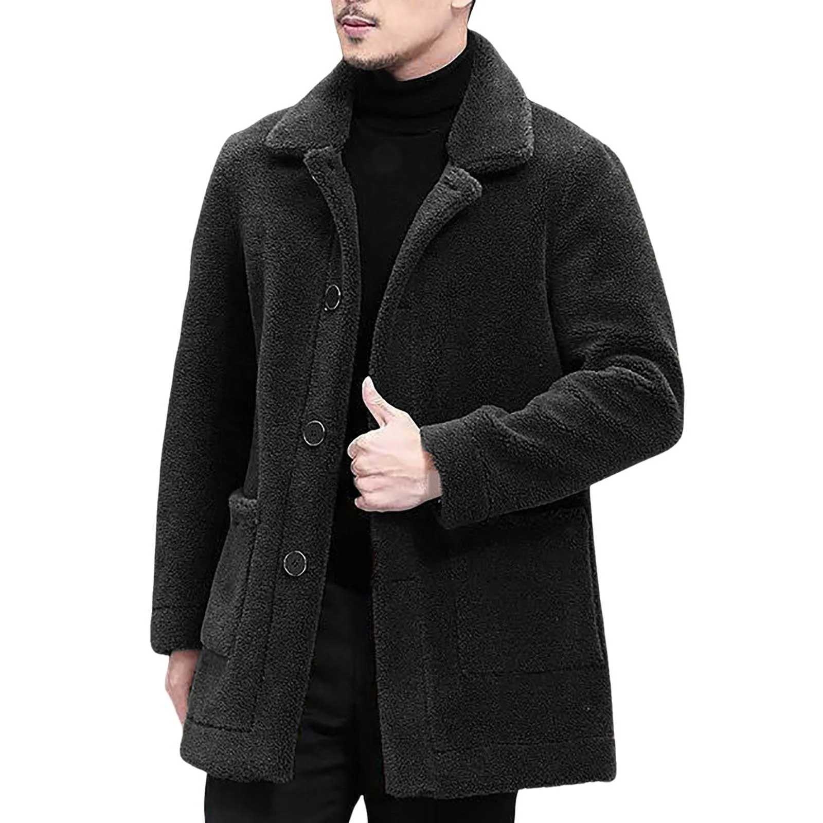 Mens Solid Color Casual Jacket 2024 Winter New Fashionable Lapel Short Anti Cold Coat Imitation Fur Lamb Wool Thick Coat XJ241206