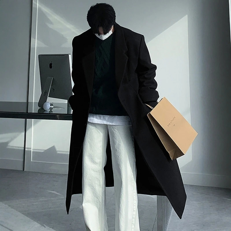 FEWQ Korean Fashion Mens Wool Coat Winter Thick Knee Length UK Trench Solid Color Mens Loose Top 24E5104 241204