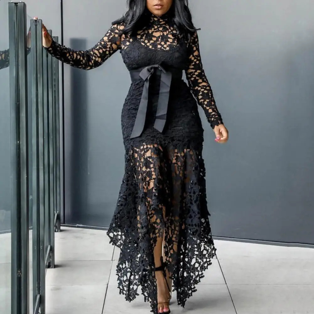 Lace Bow Belted Women Dress Elegant Long Sleeve Irregular Hem Bodycon Party Vintage Wedding Evening 241205