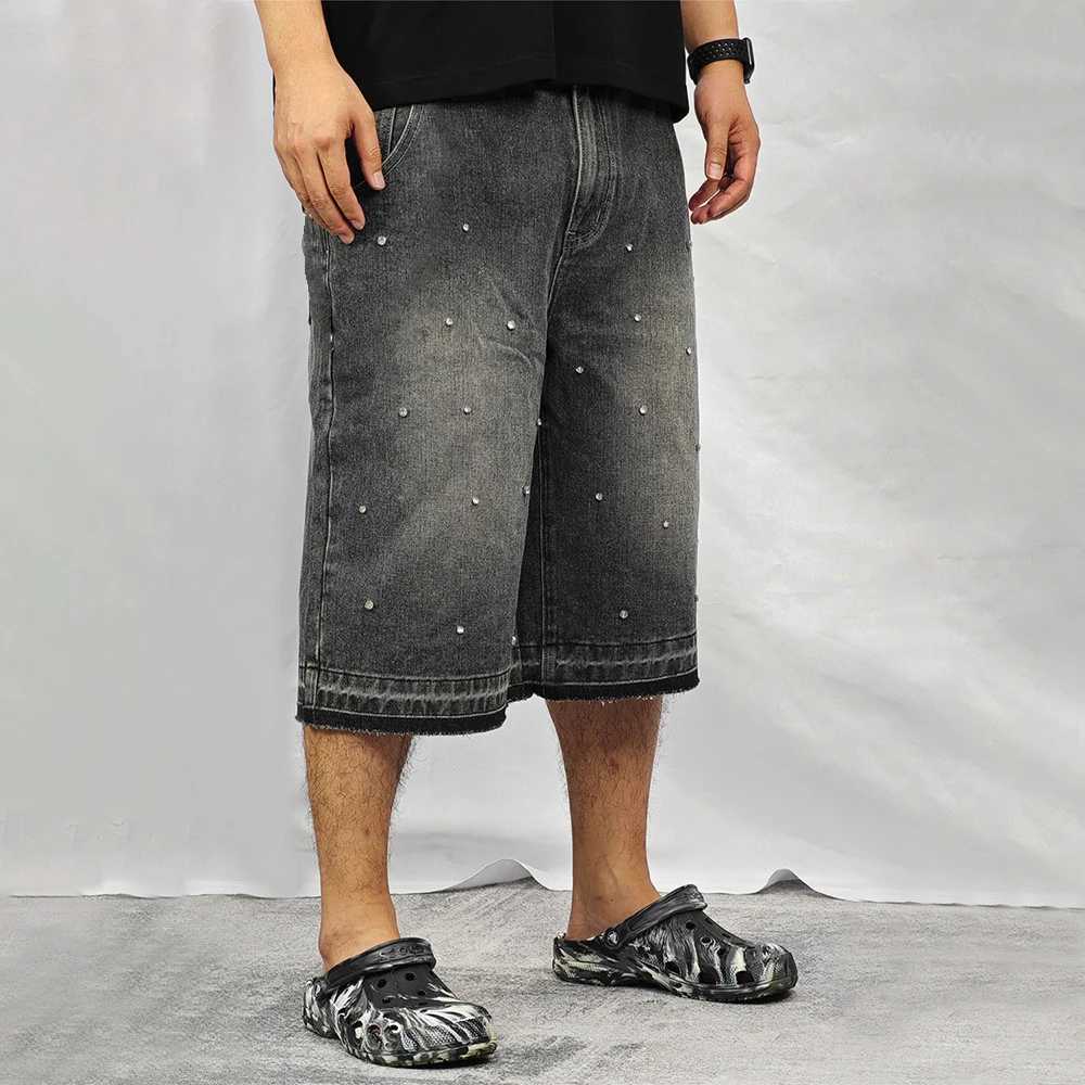 PEERAGE Y2k Retro Rhinestone Washed Wide Leg Baggy Long Jorts Men Streetwear Oversized Frayed Black Grey Loose Denim Jean ShortsXJ241206