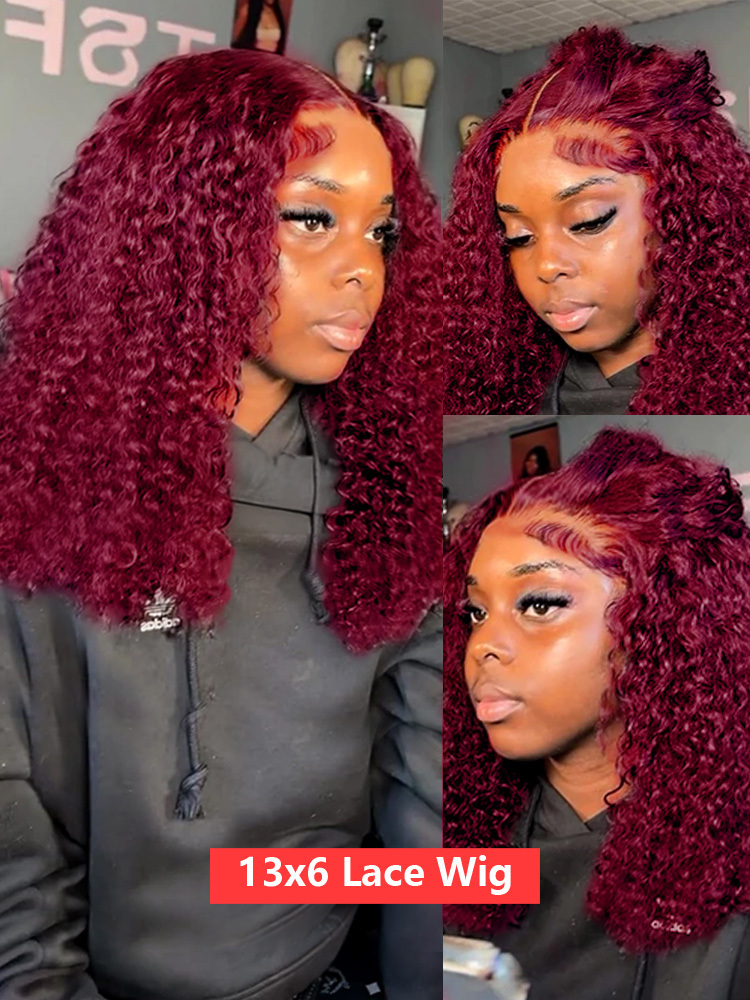 99J Bury Lace Front Short Bob Human Hair 13X4 Deep Wave Frontal Wig 13X6 Red Colored Curly Wigs