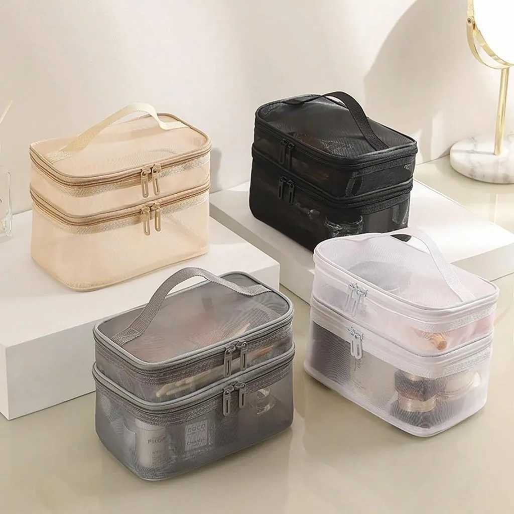 Womens Double-layer Mesh Makeup Bag Portable Large Capacity Toiletries Box Cosmetics Storage ToolXJ241206