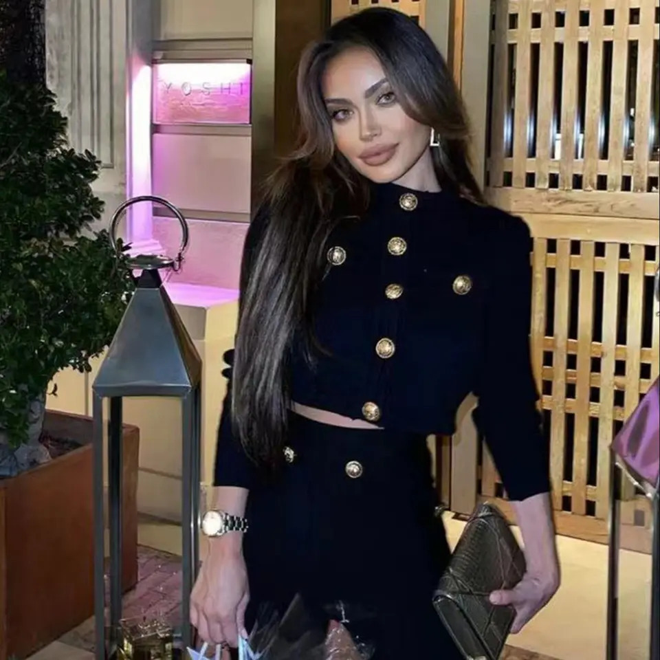 Womens autumn long sleeved gold button elastic bandage black top pants casual holiday fashion set 241206
