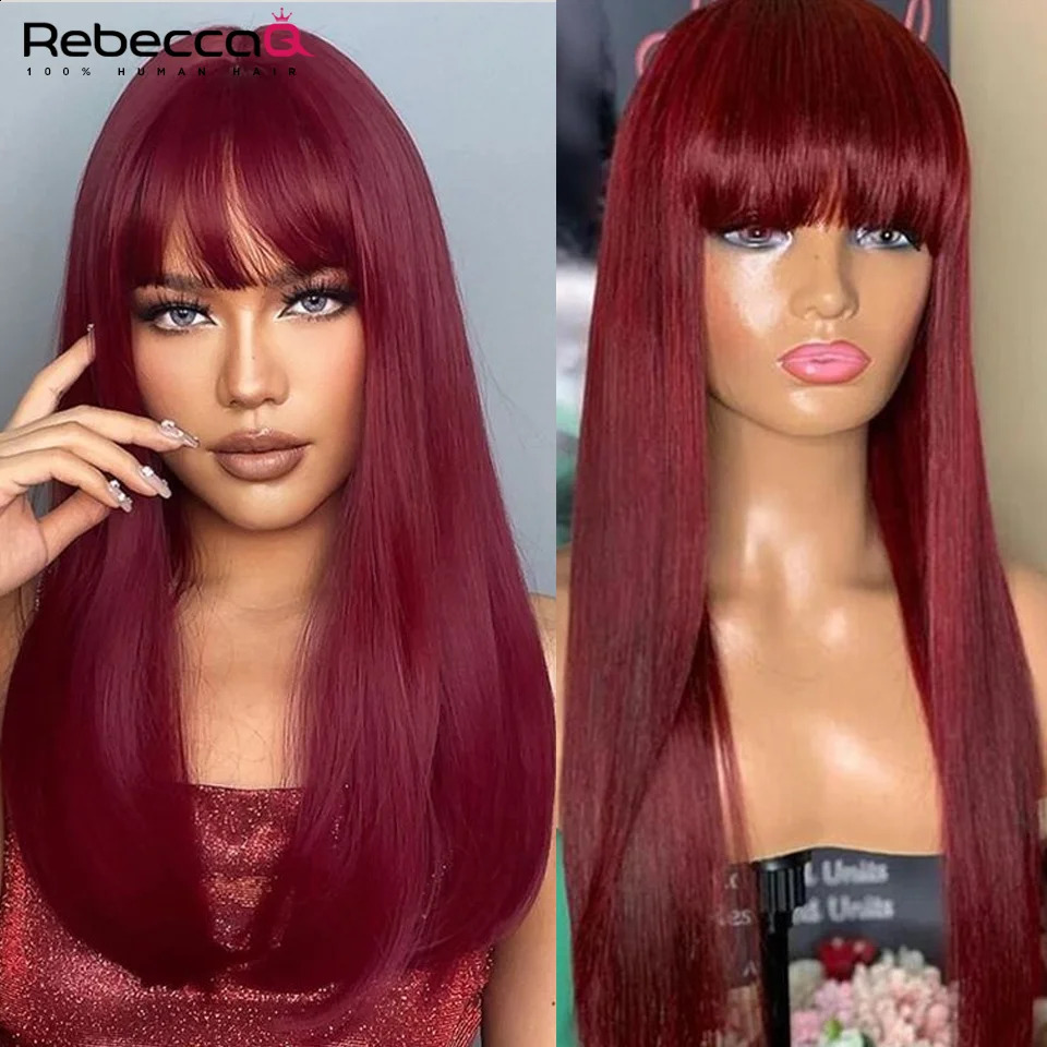 Wear a 99J wig Burg red boned straight hair wig with bangs suitable for Brazilian women Remy hair colorful Halloween cosplay wig 241206