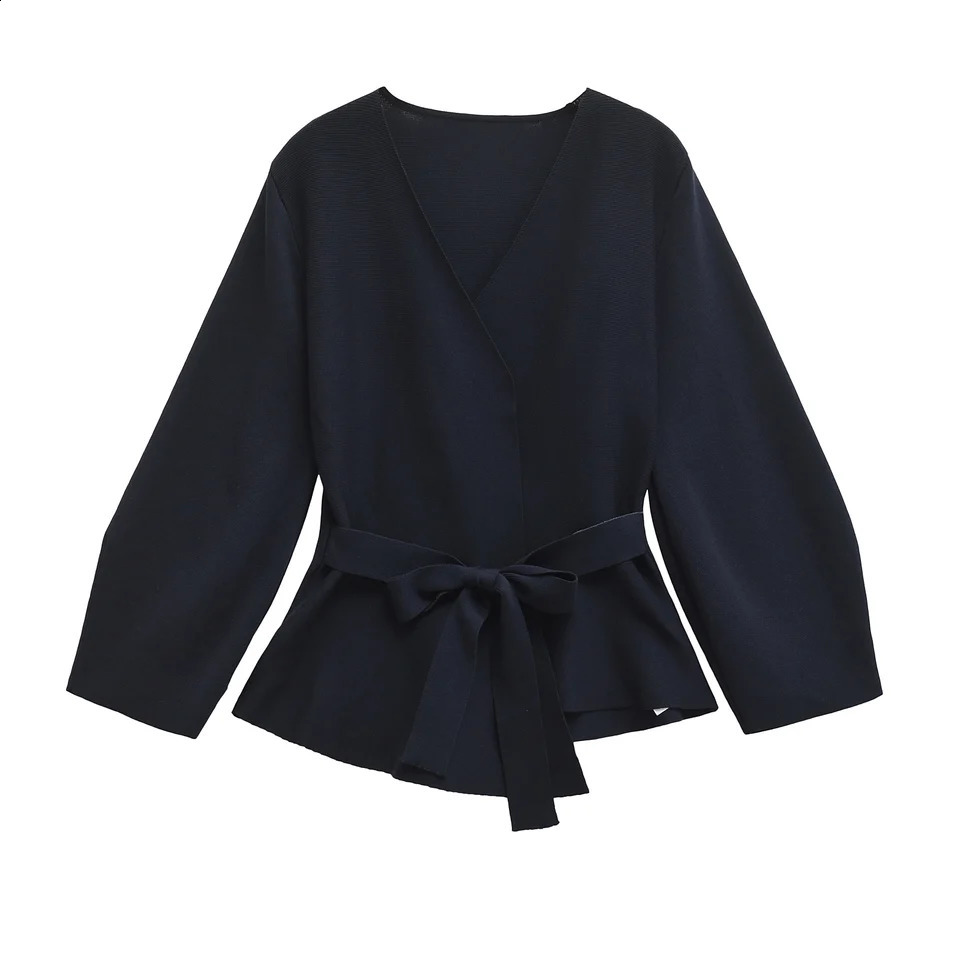 TRAF Women Fashion Shoulder Pad Belt Knit Blazer Retro Vneck Long Sleeve Versatile Female Coat 9598128 241204