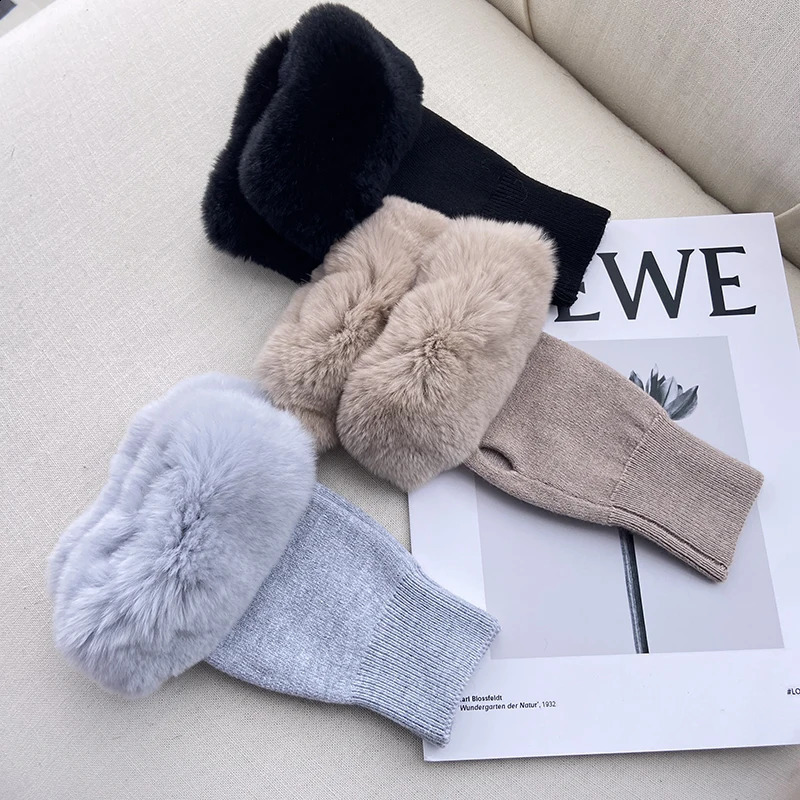 ZDFURS * Rex Rabbit Fur Knitted Gloves Womens Winter Korean Ins Cute Open Finger Fur Shining Fur Half Finger Warm Gloves 241206