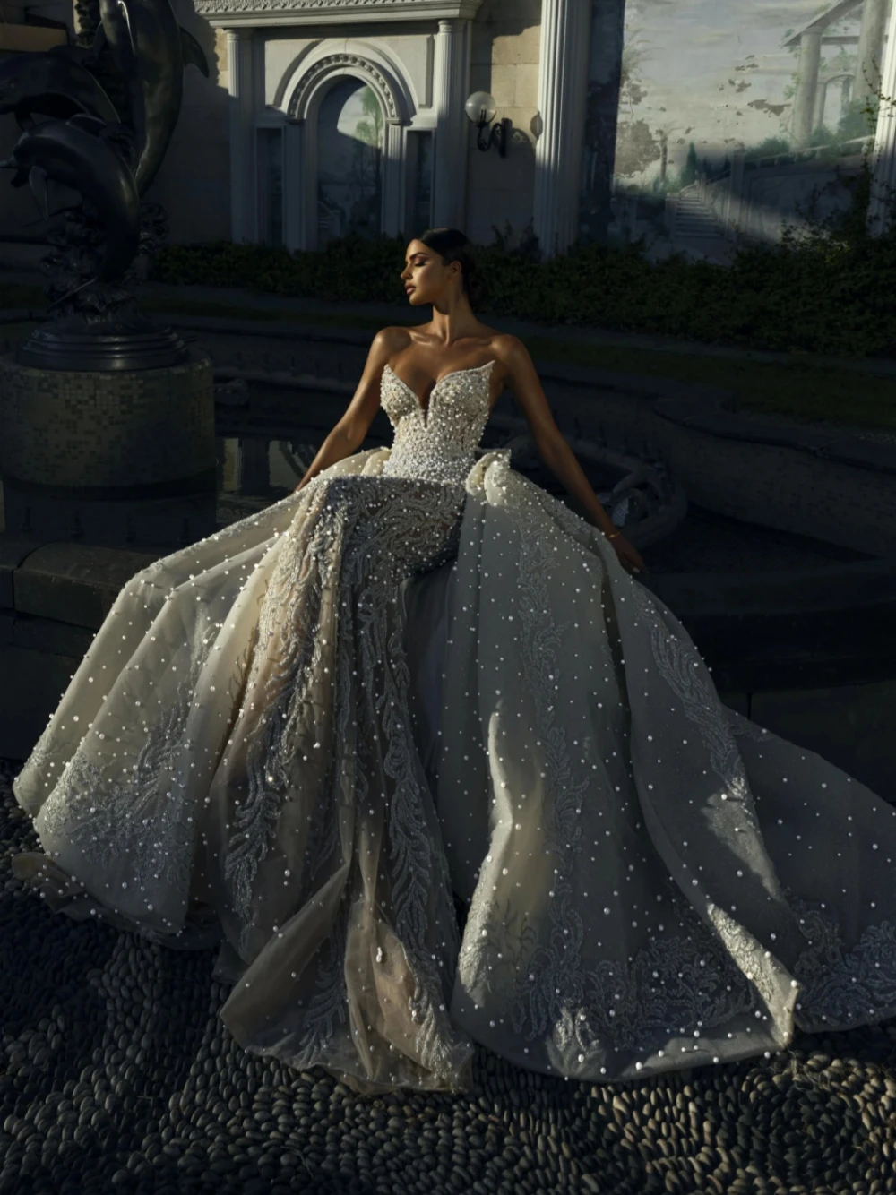 Exqusite V-neck Backless Dress Sparkly Sequins Beads Wedding Gown Pearls Mermaid Long Bride Robe Vestido De Novia