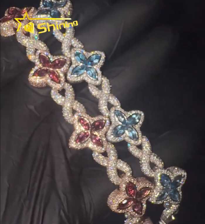 Hot Sale Popular Shining Hip Hop 925 Silver Pink Blue Marquise Infinity Cuban Link Moissanite Bracelet