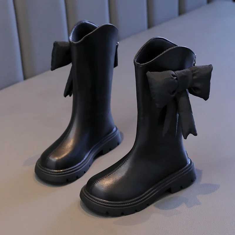 New Winter Girls Princess Cotton Boots Elegant Bowknot Children Causal Boots Fashion Black Versatile Kids Simple Mid-calf BootsXJ241206