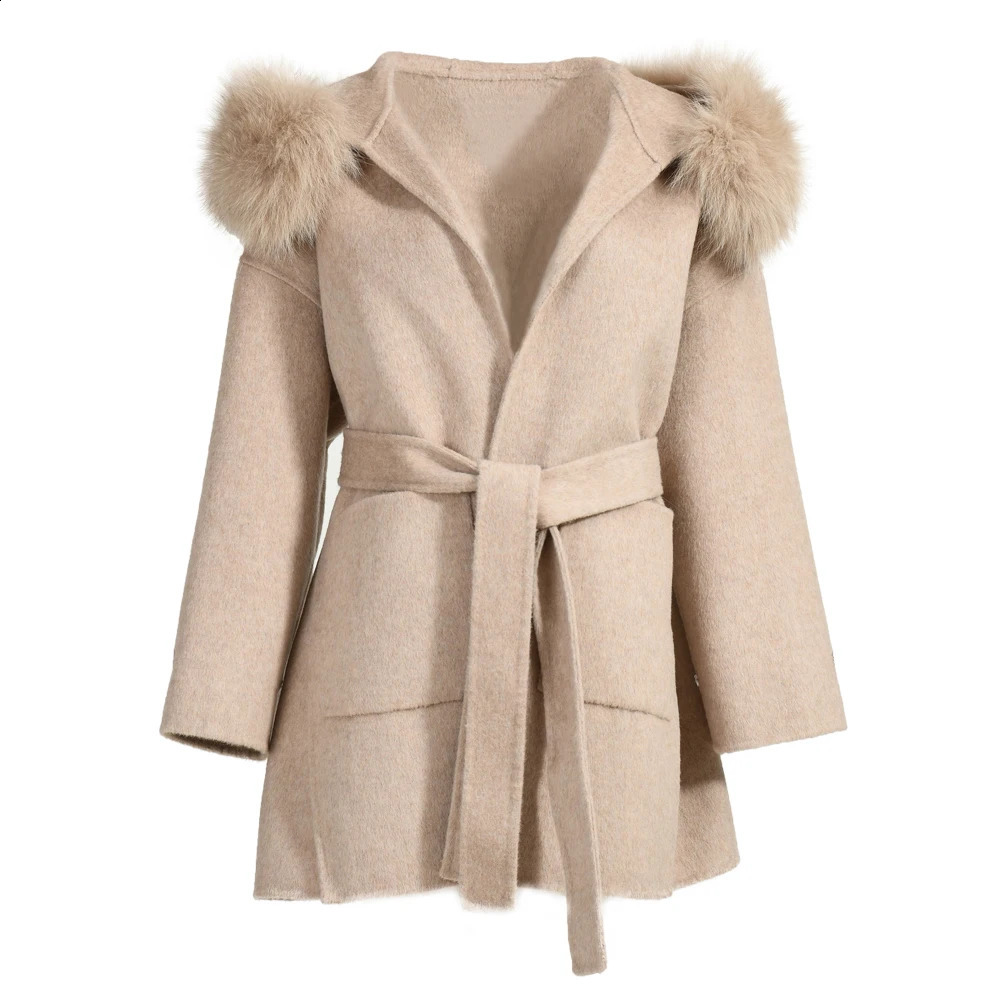 Jxwatcher Wool Coat and Blends Fashion Medium Length Cashmere Jacket Hooded 100 Real Fur Collar Cuffs Winter for Women 241205