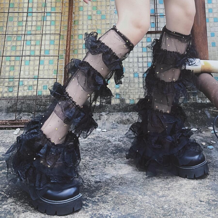 Socks & Hosiery Women Layered Mesh Ruffle Leg Warmers Kawaii Thigh High Socks Aesthetic Y2K Chic Stockings Leg Cuffs Cover Streetwear