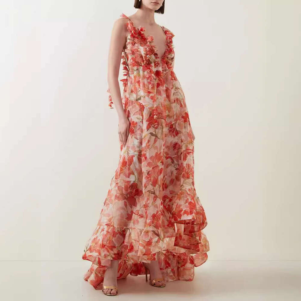 Spring/Summer Off Shoulder V-neck Women's Strap Printed Fairy Long Evening Grand Pendant Dress 2024 New Style Elegant Clothing