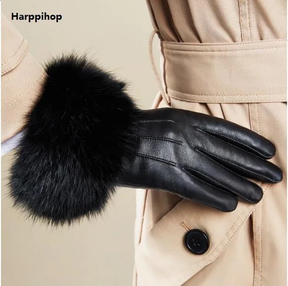 Leather gloves for womens winter cashmere touch screen leather gloves for womens real rabbit fur rabbit hair gloves HP513-02 241206