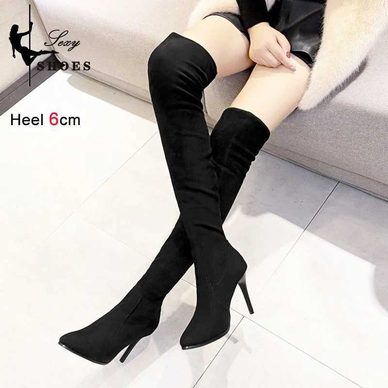 High Quality Super Knee Lg Tube Boots Warm New Winter P High H 6cm 8cm 10cm Black Suede Corner Thin H Party Shoes T241206