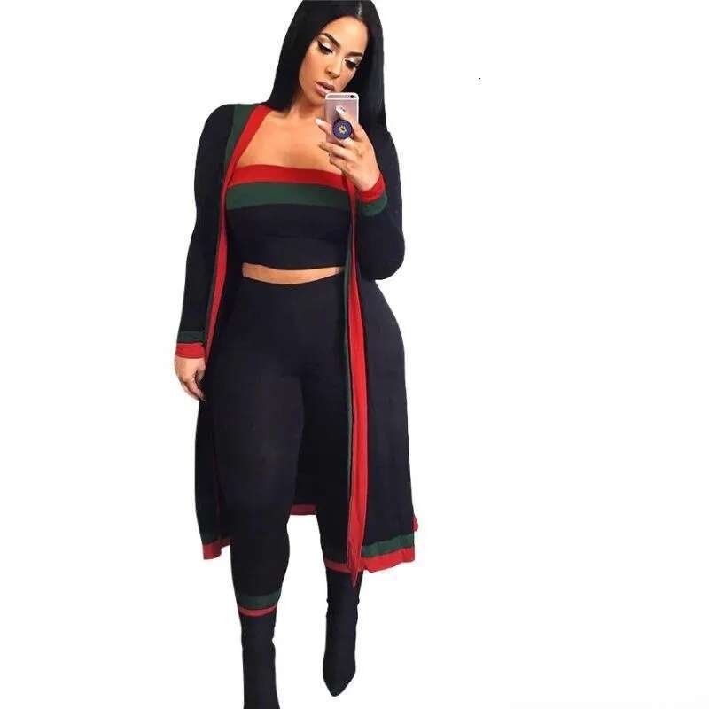 Striped 3 Piece Casual Dress Set For Women Strapless Bodysuit, Long Cloak, Overalls Khaki, Black, Gray Polyester - B1