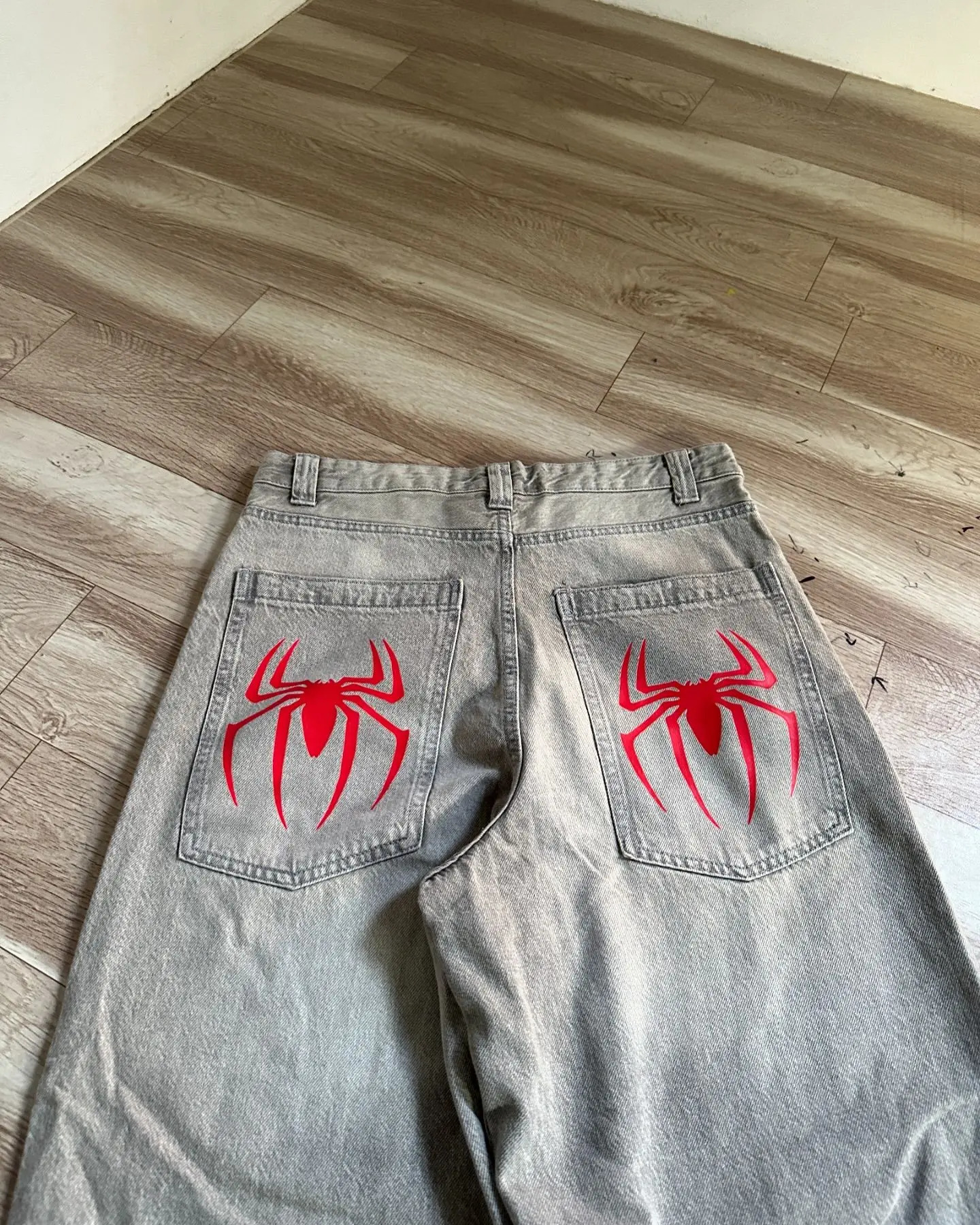 Harajuku Gothic Punk Spider Print Baggy Jeans Vintage Blue Hip Hop Streetwear Jeans Y2K Pants Mens High Waist Wide Leg Trousers 241206