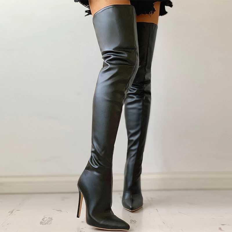 High Quality High H Wen Over The Knee Boots with straps and zippered toe points large size 46 slim high heels womens shoes T241206