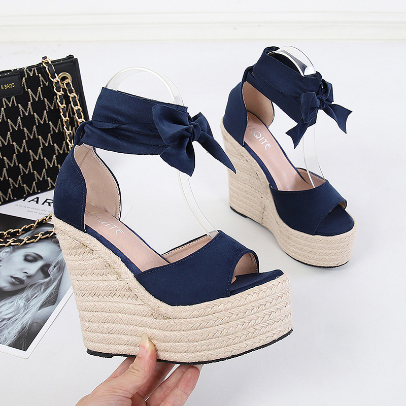 Summer Fashion Print Ankle Tie Wedge Yellow Multicolors Braided Weave Platform Wedged Heels Sandals Shoes For Women Summer