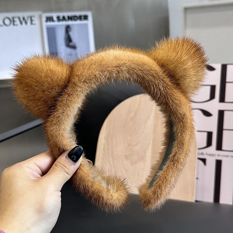 Cute real mink cat ear womens headband with 100% fur plush hair accessories solid headband girlfriend winter gift 241205