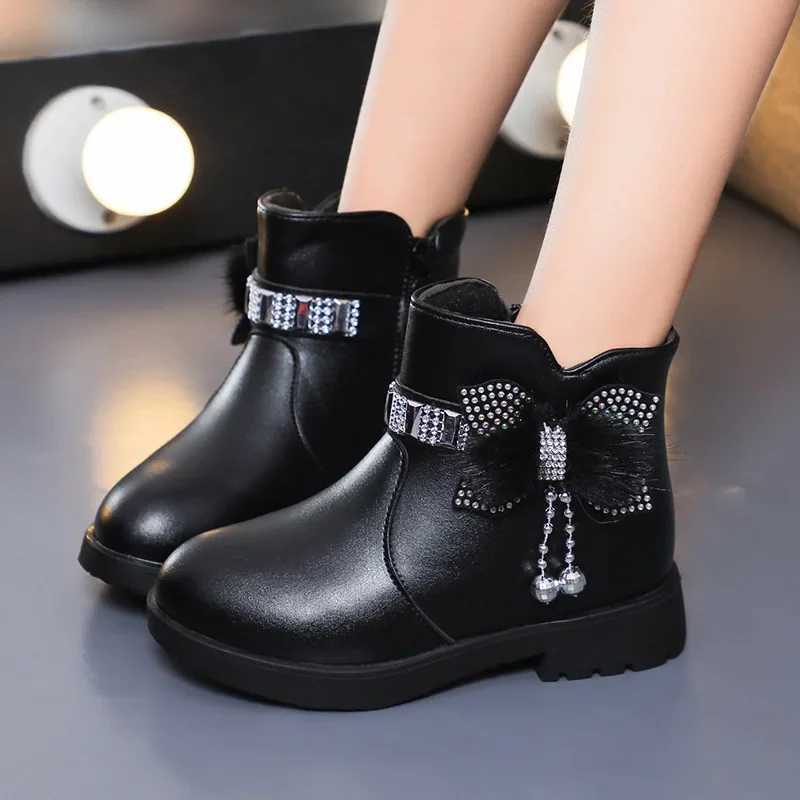 2023 Autumn Winter Girls Boot Soft Leather Ankle Boots Plus Velvet Warm Kids Shoes Toddler Non-slip Cotton Boots Princess ShoesXJ241206